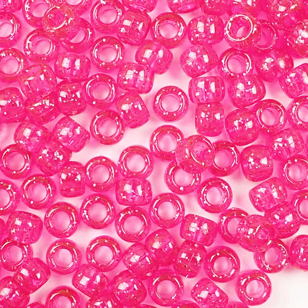 Hot Pink Glitte Plastic Pony Beads. Size 6 x 9 mm. Craft Beads. Bulk Pack.