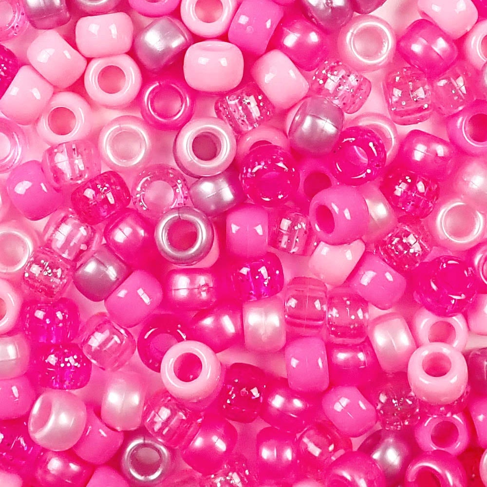 Pink Mix Plastic Pony Beads. Size 6 x 9 mm. Craft Beads. Made in the USA. Bulk Pack.