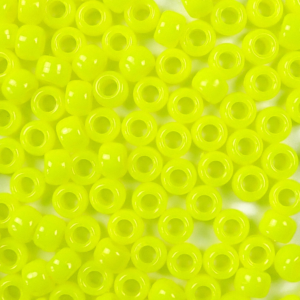 Neon Yellow Plastic Pony Beads. Size 6 x 9 mm. Craft Beads. Bulk Pack.