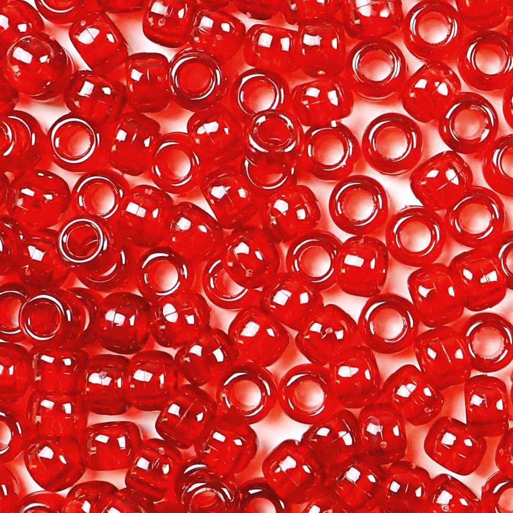 Ruby Red Transparent Plastic Pony Beads. Size 6 x 9 mm. Craft Beads. Bulk Pack.