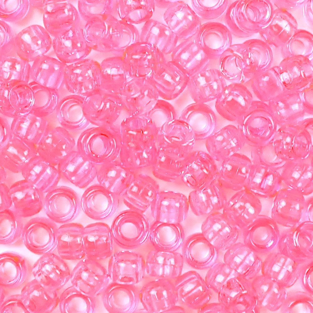 Pink Transparent Plastic Pony Beads. Size 6 x 9 mm. Craft Beads. Bulk Pack.