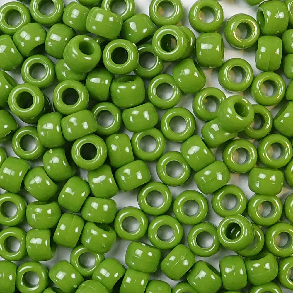 Olive Green Plastic Pony Beads. Size 6 x 9 mm. Craft Beads. Bulk Pack.