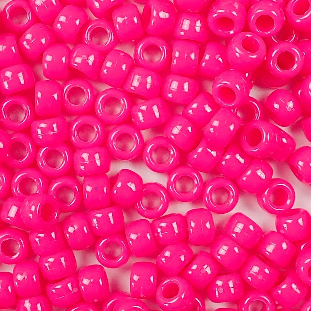 Neon Pink Plastic Pony Beads. Size 6 x 9 mm. Craft Beads. Bulk Pack.