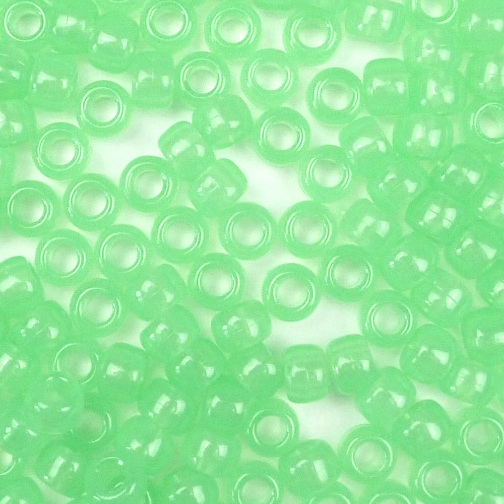 Green Glow Plastic Pony Beads. Size 6 x 9 mm. Craft Beads. Bulk Pack.