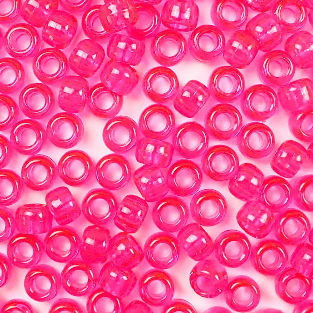 Hot Pink Transparent Plastic Pony Beads. Size 6 x 9 mm. Craft Beads. Bulk Pack.