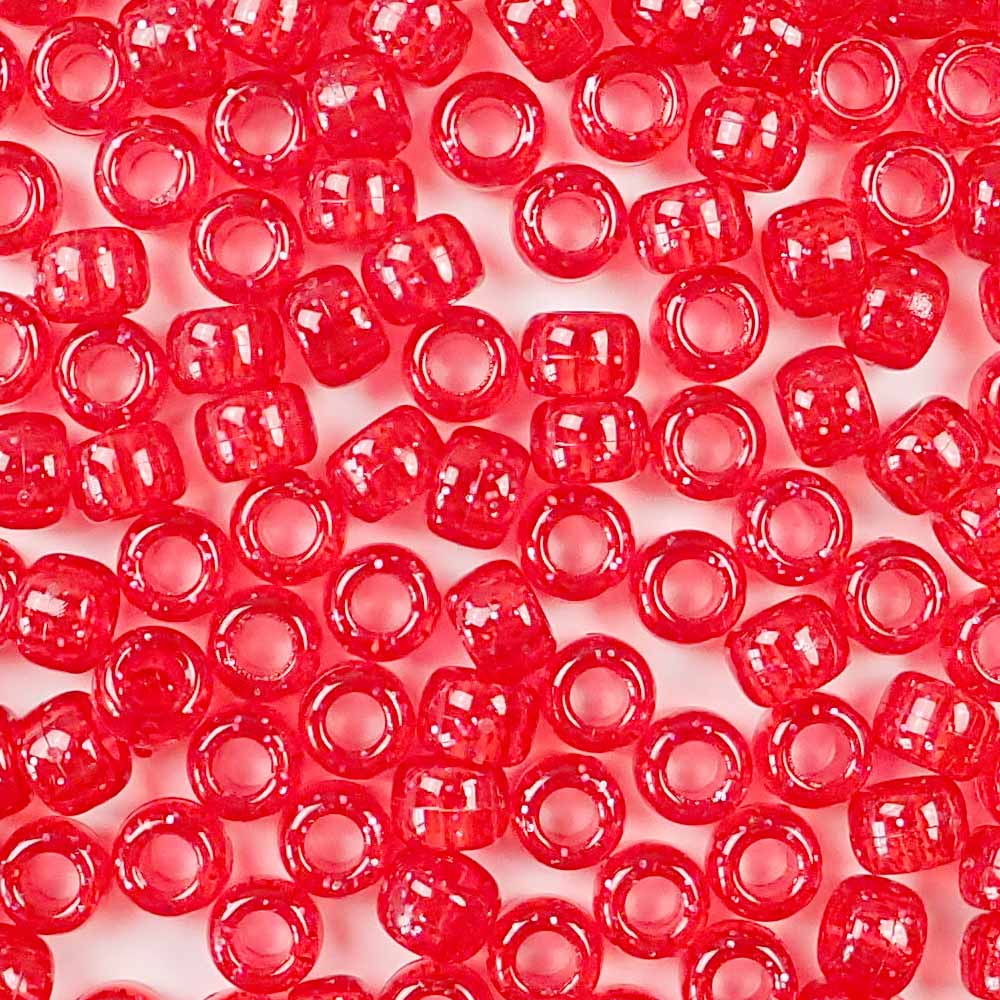 Ruby Red Glitter Plastic Pony Beads. Size 6 x 9 mm. Craft Beads. Bulk Pack.