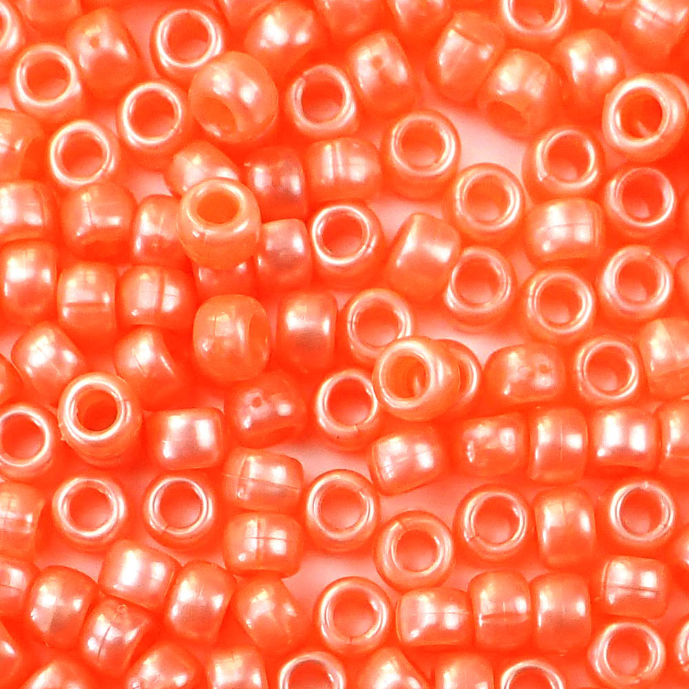 Orange Pearl Plastic Pony Beads. Size 6 x 9 mm. Craft Beads. Bulk Pack.