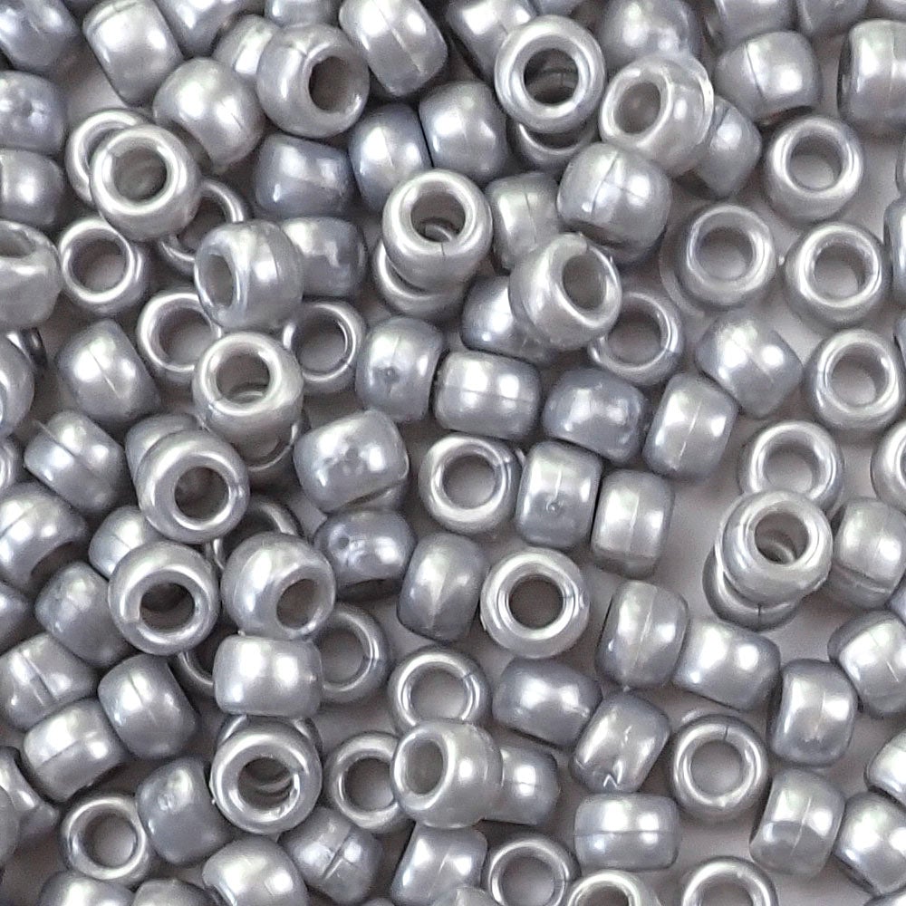 Medium Silver Pearl Plastic Pony Beads. Size 6 x 9 mm. Craft Beads. Bulk Pack.