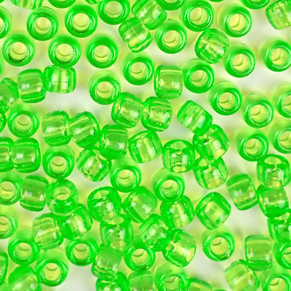 Lime Green Transparent Plastic Pony Beads. Size 6 x 9 mm. Craft Beads. Bulk Pack.