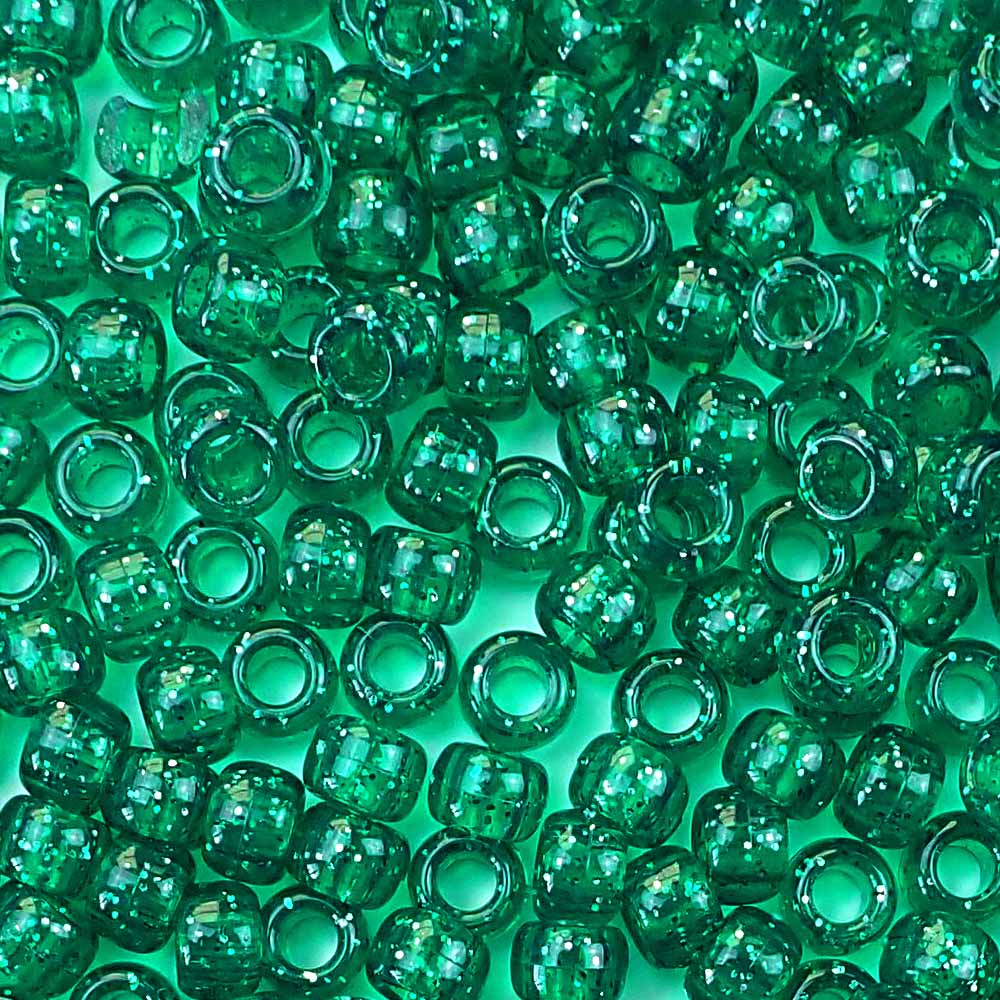 Emerald Green Glitter Plastic Pony Beads. Size 6 x 9 mm. Craft Beads. Bulk Pack.