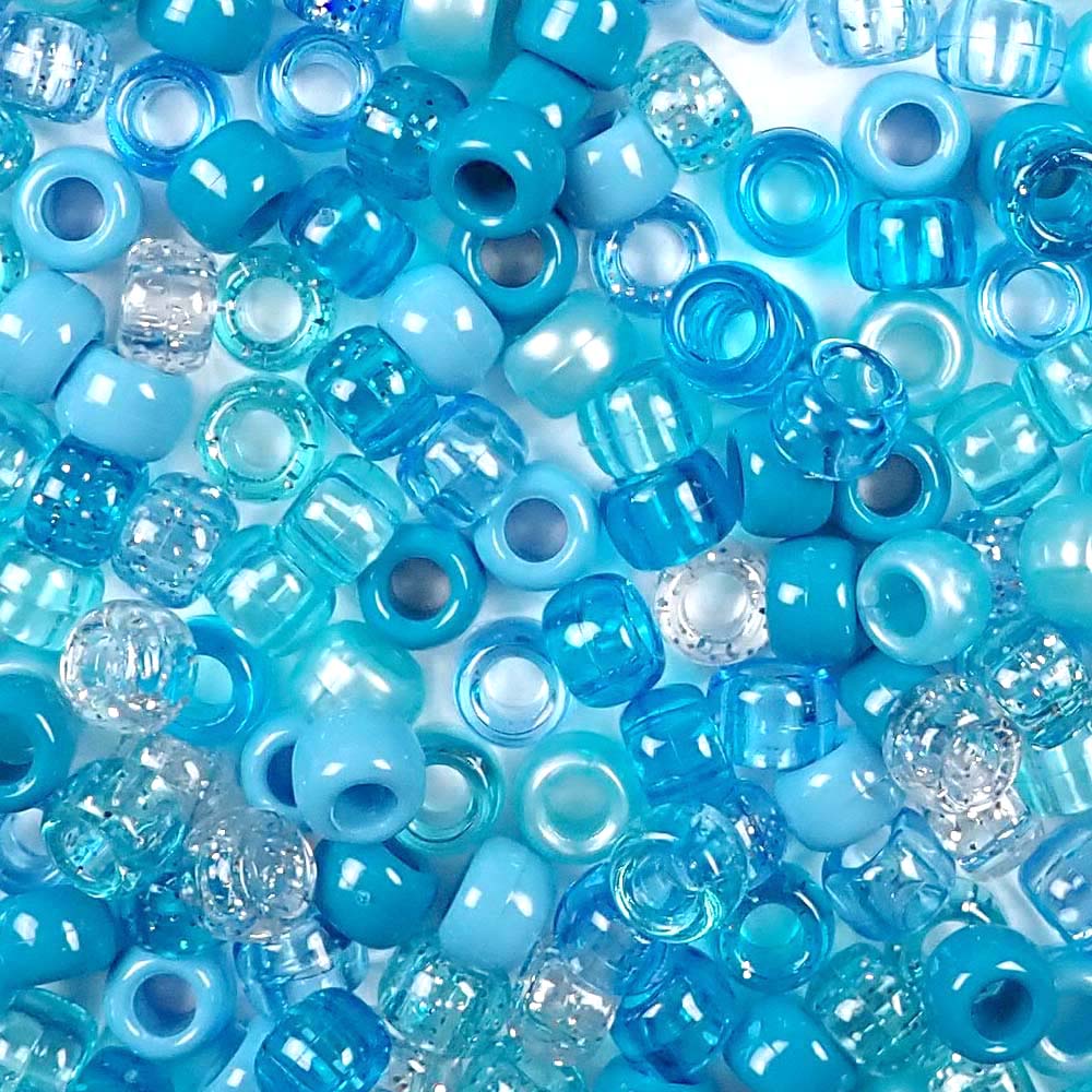 Caribbean Blue Mix Plastic Pony Beads. Size 6 x 9 mm. Craft Beads. Made in the USA. Bulk Pack.