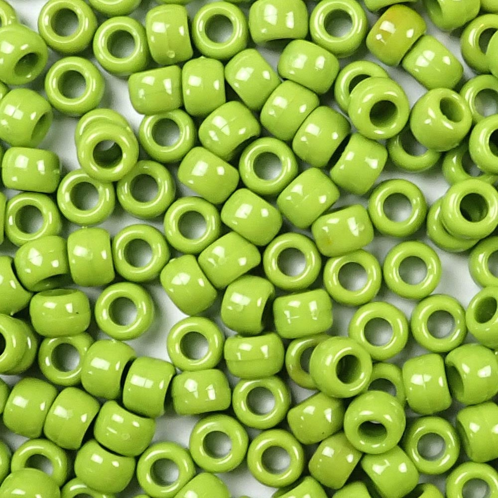 Kiwi Green Plastic Pony Beads. Size 6 x 9 mm. Craft Beads. Bulk Pack.