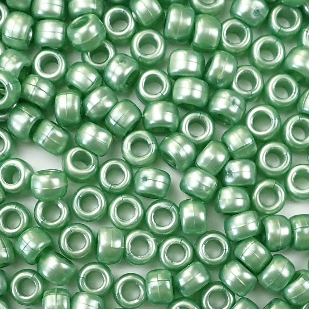 Fern Green Pearl Plastic Pony Beads. Size 6 x 9 mm. Craft Beads. Bulk Pack.