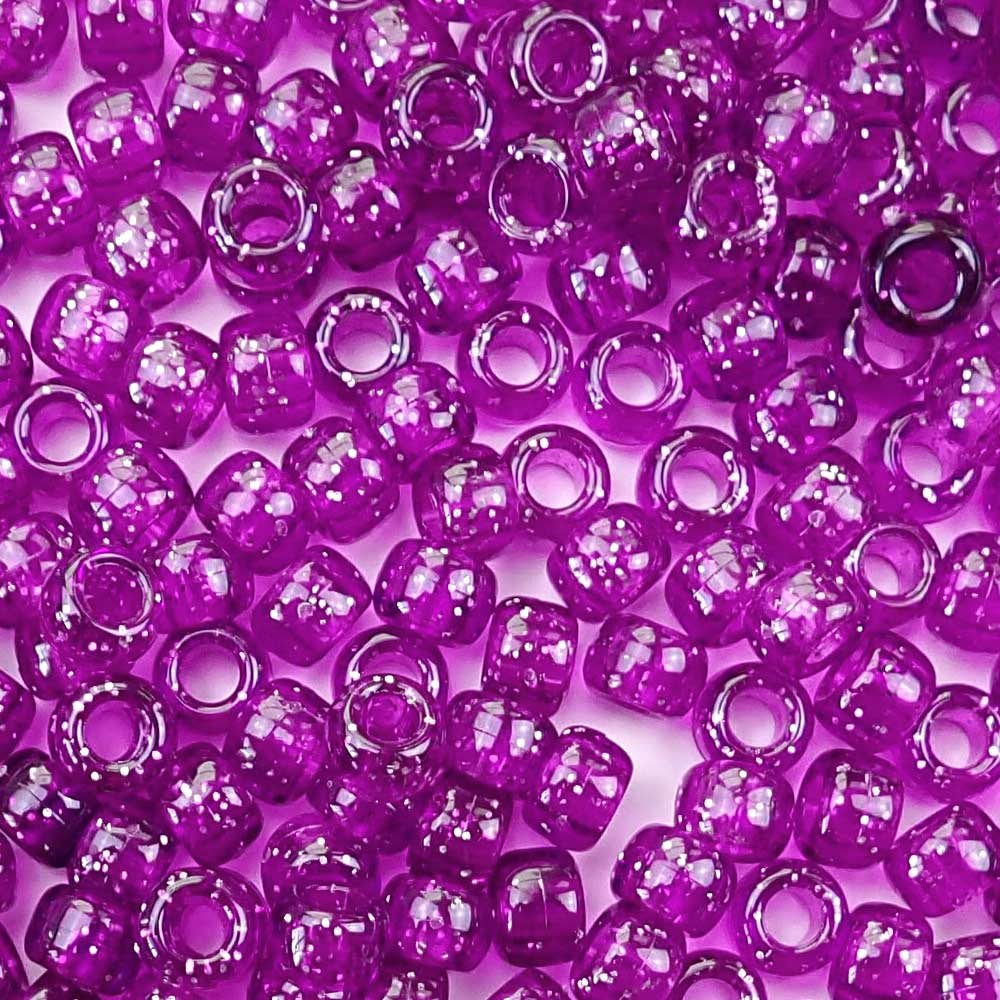 Dark Violet Purple Glitter Plastic Pony Beads. Size 6 x 9 mm. Craft Beads. Bulk Pack.