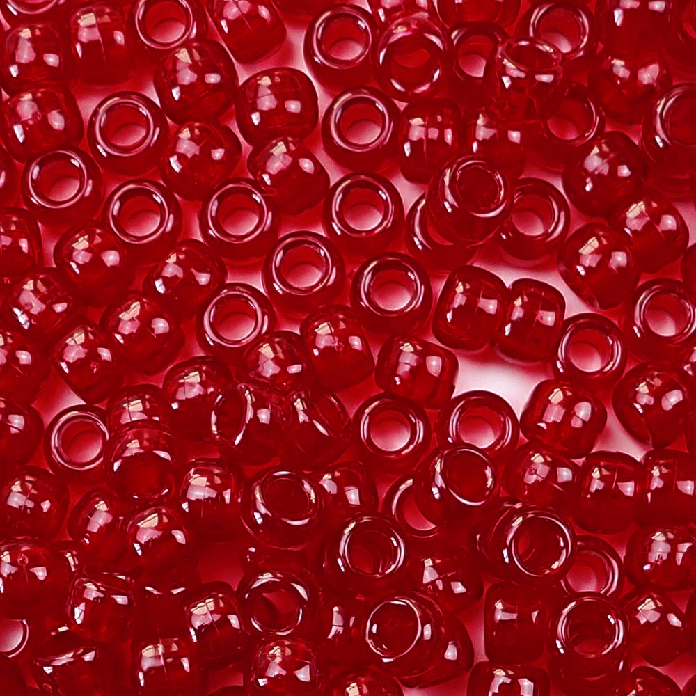 Dark Ruby Transparent Plastic Pony Beads. Size 6 x 9 mm. Craft Beads. Bulk Pack.