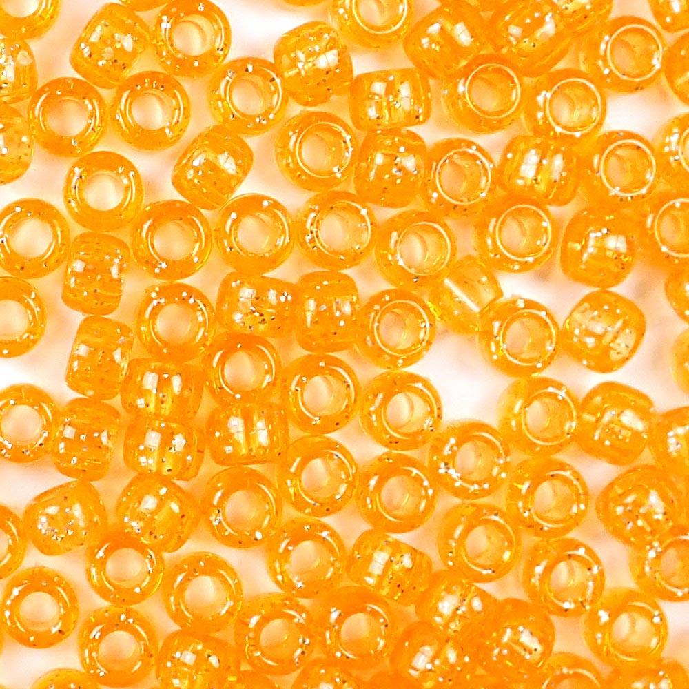 Orange Glitter Plastic Pony Beads. Size 6 x 9 mm. Craft Beads. Bulk Pack.