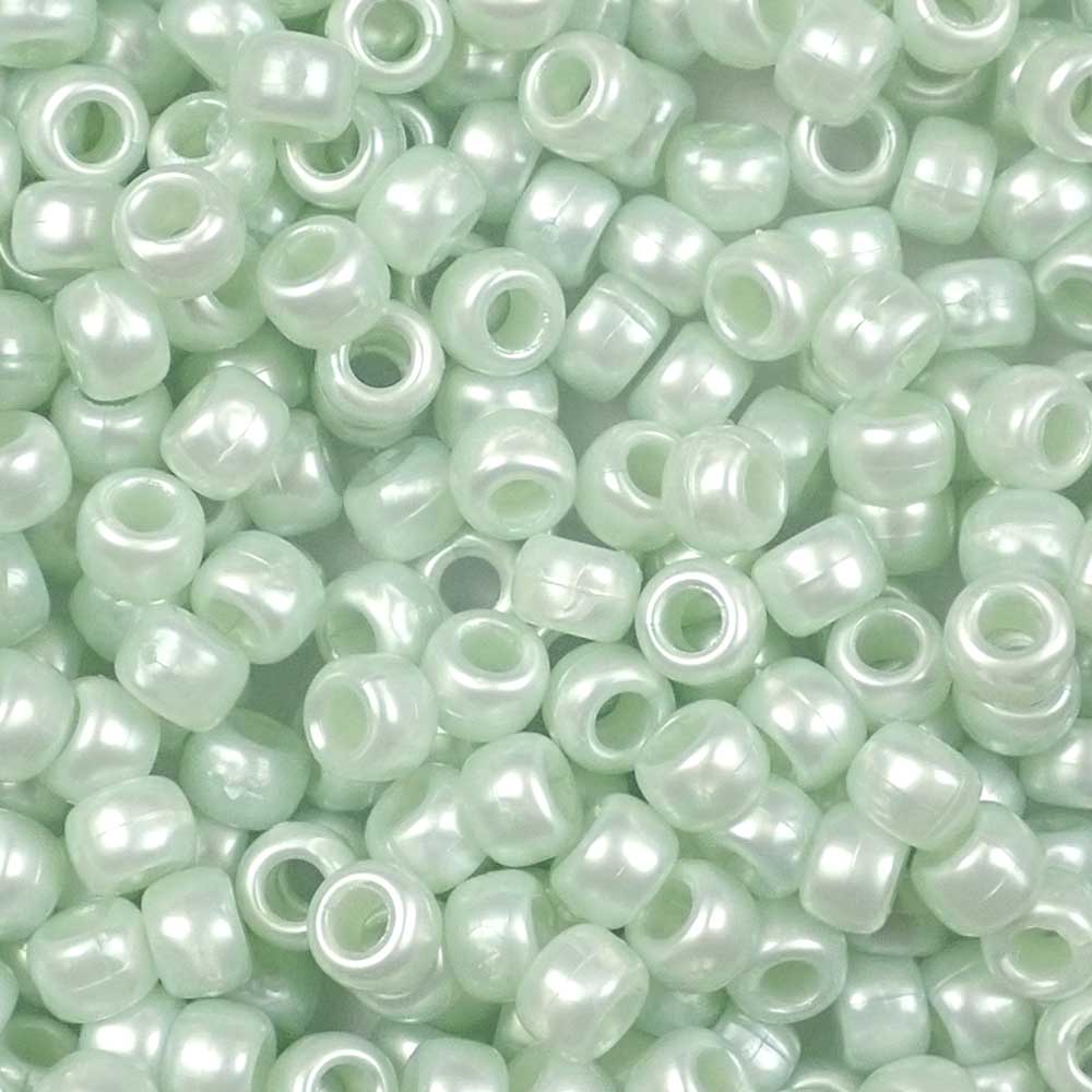 Sea Green Pearl Plastic Pony Beads. Size 6 x 9 mm. Craft Beads. Bulk Pack.