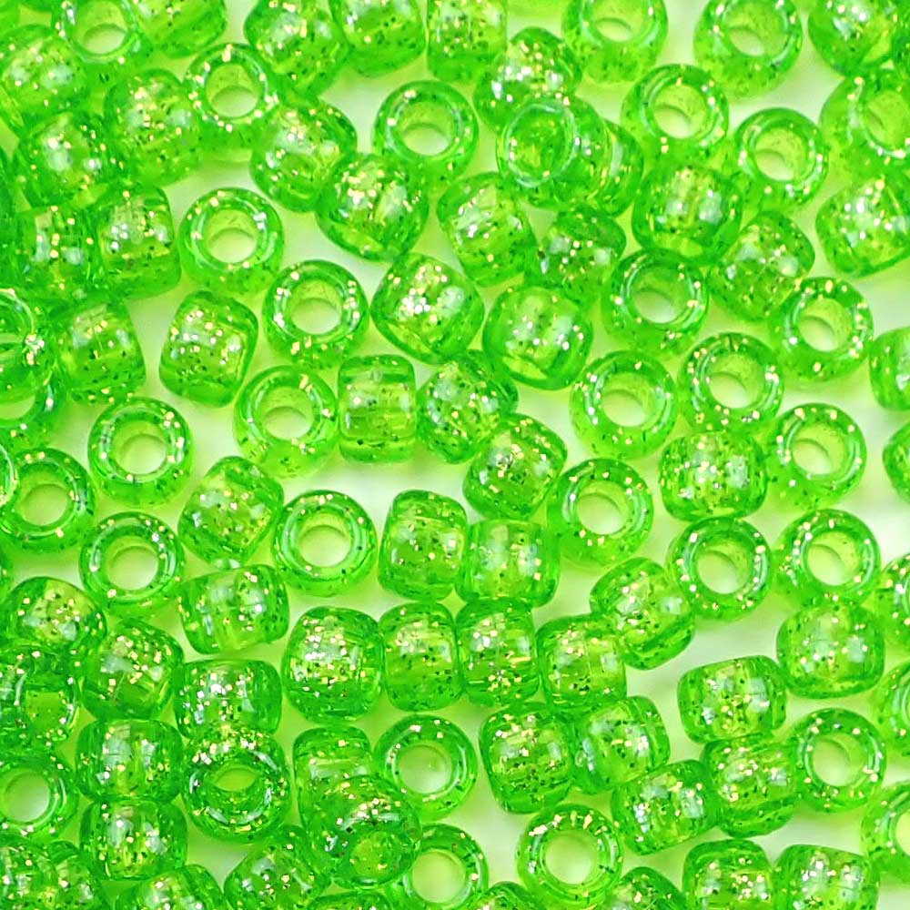 Lime Green Glitter Plastic Pony Beads. Size 6 x 9 mm. Craft Beads. Bulk Pack.