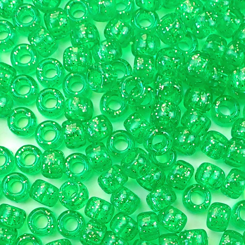 Mint Green Glitter Plastic Pony Beads. Size 6 x 9 mm. Craft Beads. Bulk Pack.