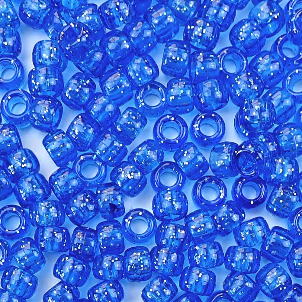 Dark Sapphire Blue Glitter Plastic Pony Beads. Size 6 x 9 mm. Craft Beads. Bulk Pack.