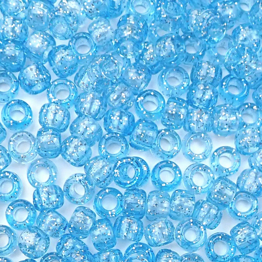 Light Sapphire Glitter Plastic Pony Beads. Size 6 x 9 mm. Craft Beads. Bulk Pack.