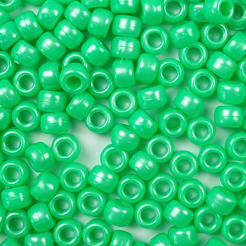 Light Green Pearl Plastic Pony Beads. Size 6 x 9 mm. Craft Beads. Bulk Pack.