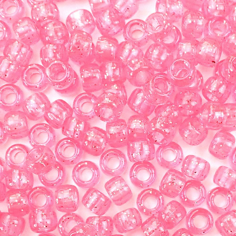 Pink Glitter Plastic Pony Beads. Size 6 x 9 mm. Craft Beads. Bulk Pack.