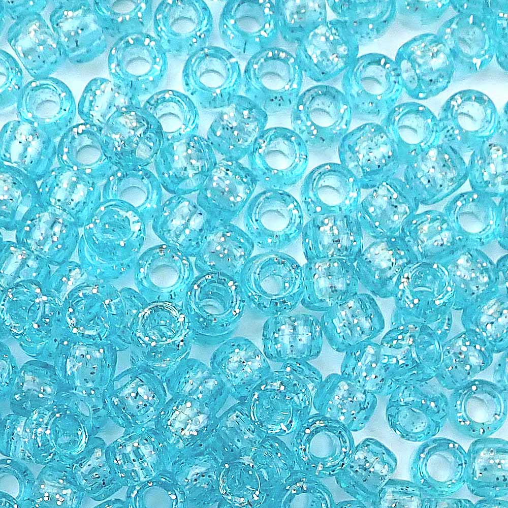 Light Turquoise Glitter Plastic Pony Beads. Size 6 x 9 mm. Craft Beads. Bulk Pack.