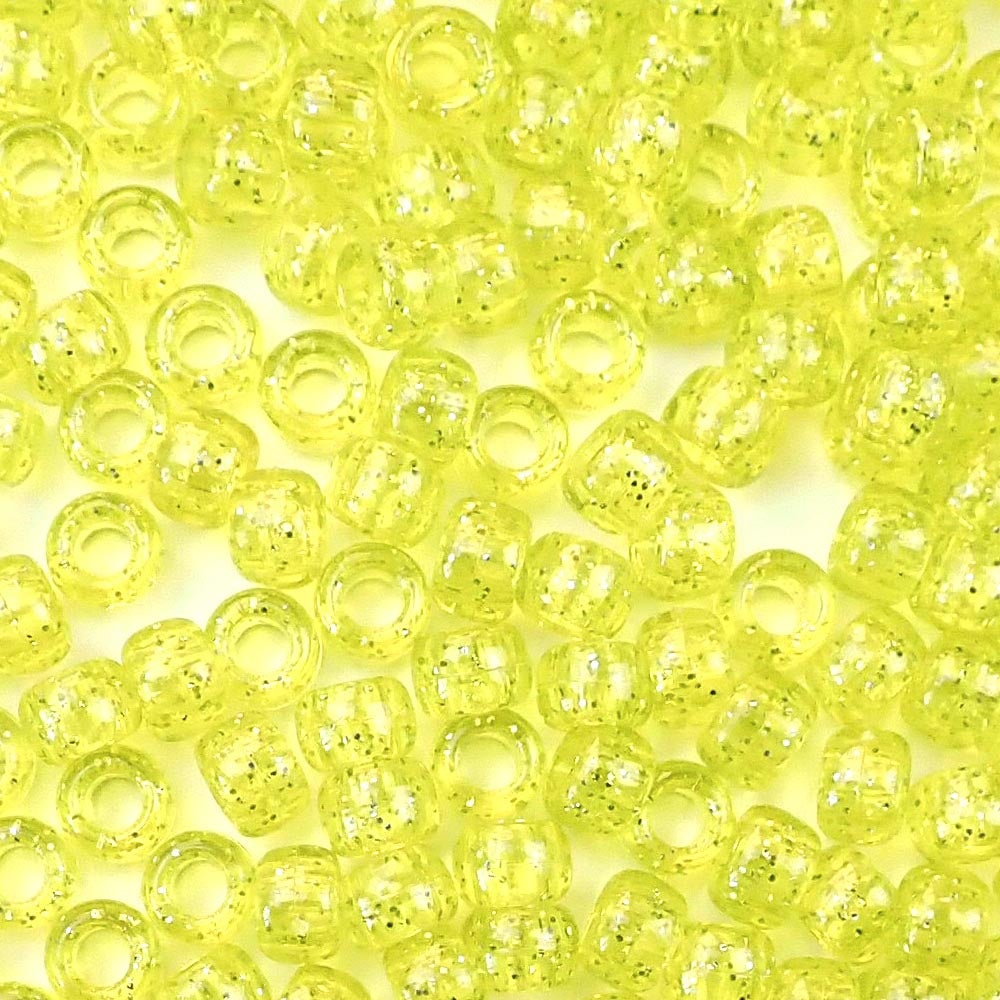 Yellow Glitter Plastic Pony Beads. Size 6 x 9 mm. Craft Beads. Bulk Pack.