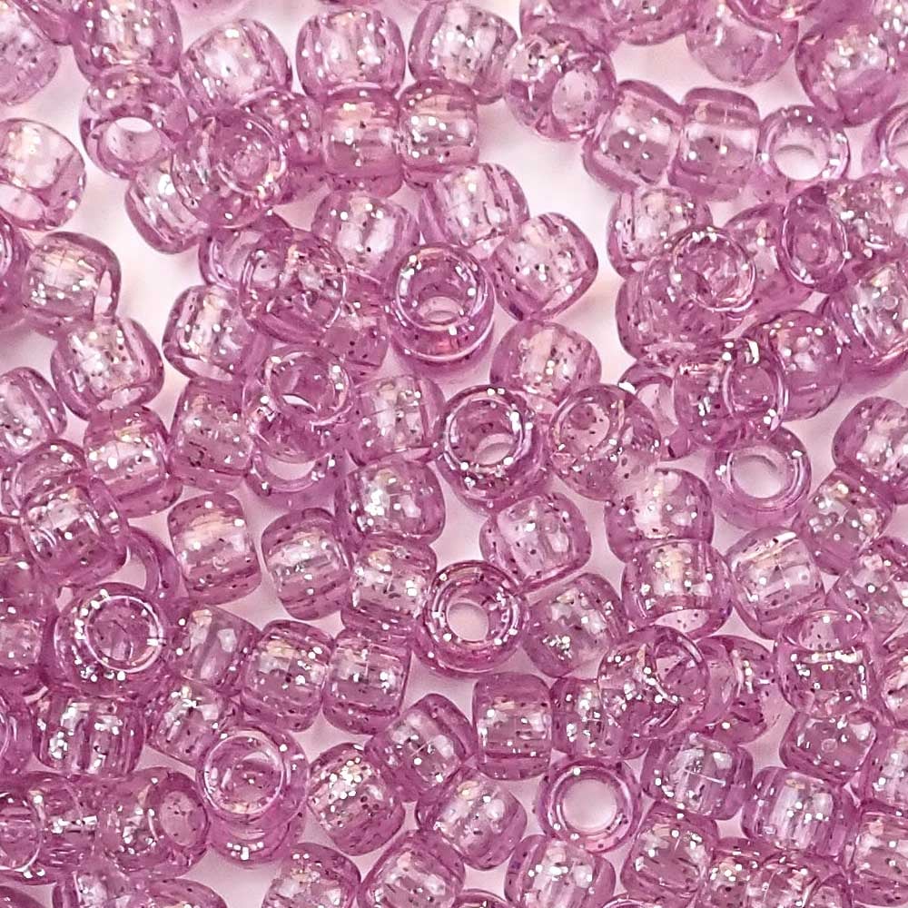 Light Amethyst Purple Glitter Plastic Pony Beads. Size 6 x 9 mm. Craft Beads. Bulk Pack.