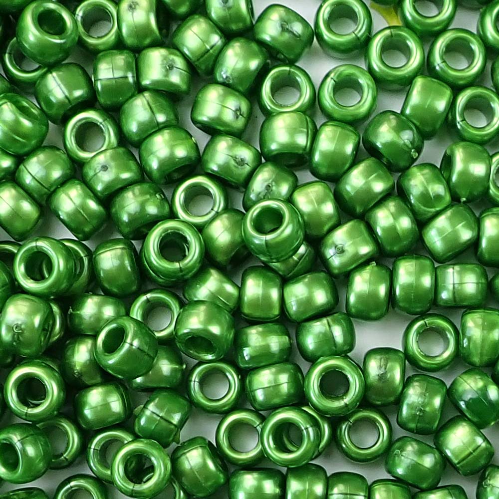 Green Pearl Plastic Pony Beads. Size 6 x 9 mm. Craft Beads. Bulk Pack.