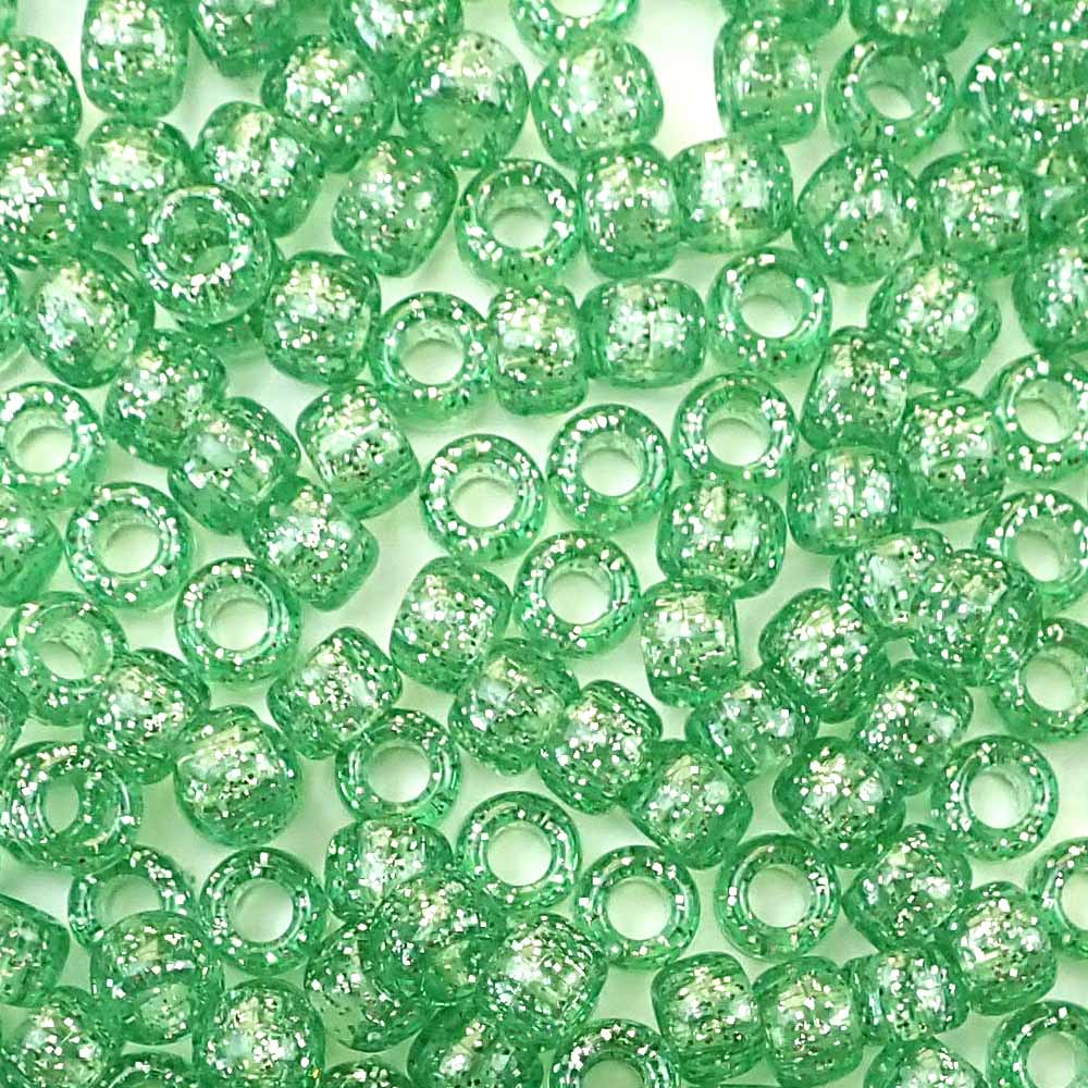 Peridot Green Glitter Plastic Pony Beads. Size 6 x 9 mm. Craft Beads. Bulk Pack.