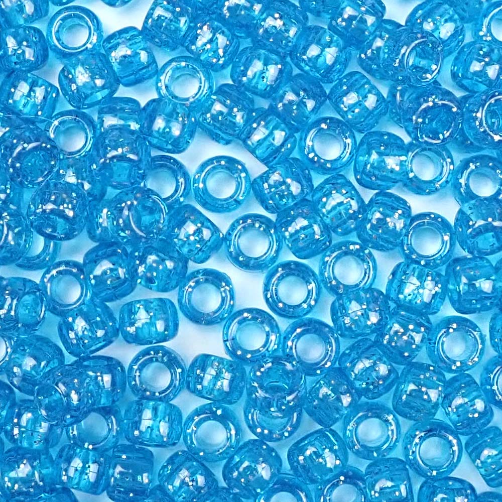 Turquoise Glitter Plastic Pony Beads. Size 6 x 9 mm. Craft Beads. Bulk Pack.