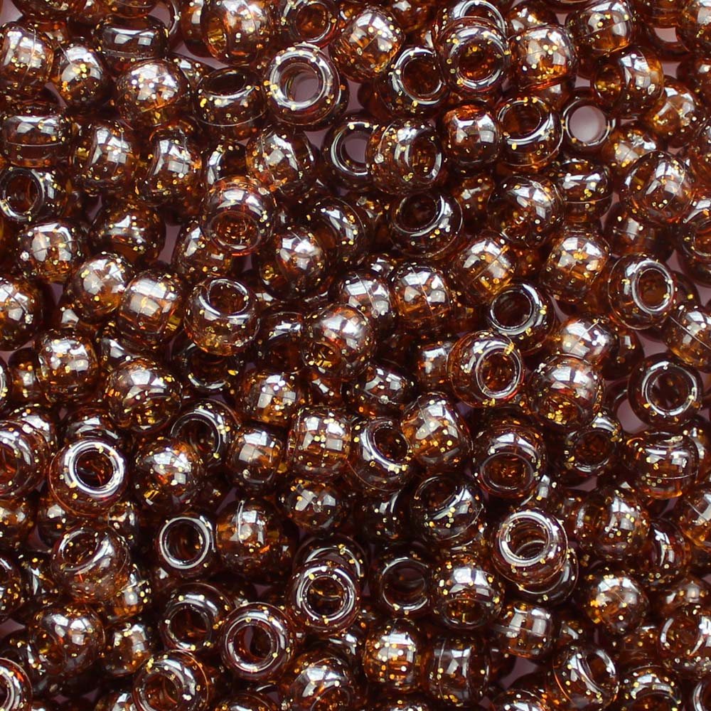 Root Beer Brown Glitter Plastic Pony Beads. Size 6 x 9 mm. Craft Beads. Bulk Pack.