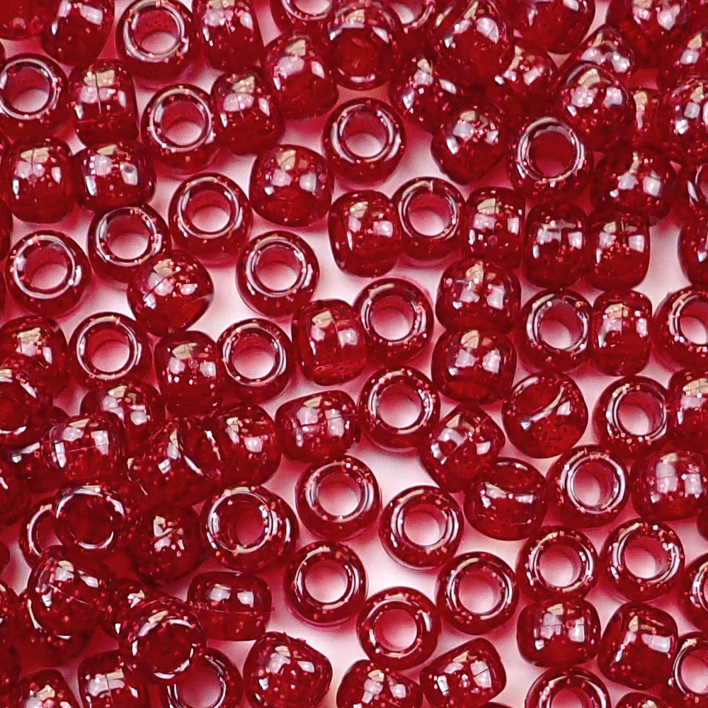 Dark Ruby Red Glitter Plastic Pony Beads. Size 6 x 9 mm. Craft Beads. Bulk Pack.