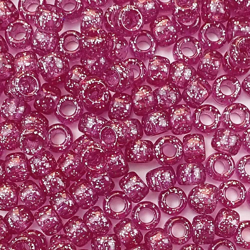 Fuchsia Glitter Plastic Pony Beads. Size 6 x 9 mm. Craft Beads. Bulk Pack.