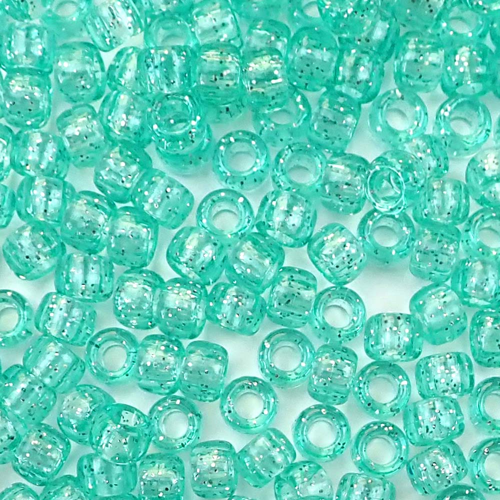 Light Aqua Green Glitter Plastic Pony Beads. Size 6 x 9 mm. Craft Beads. Bulk Pack.