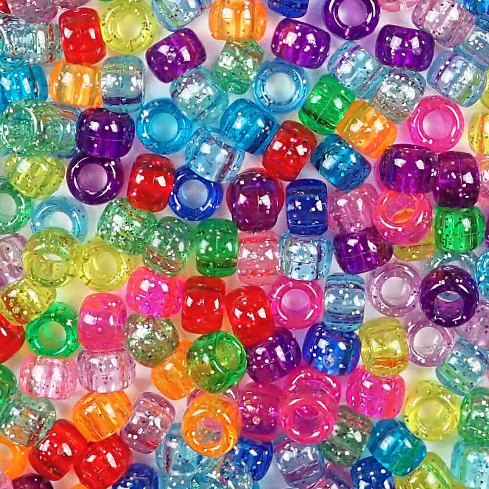 Rainbow Glitter Mix Plastic Pony Beads. Size 6 x 9 mm. Craft Beads. Bulk Pack.