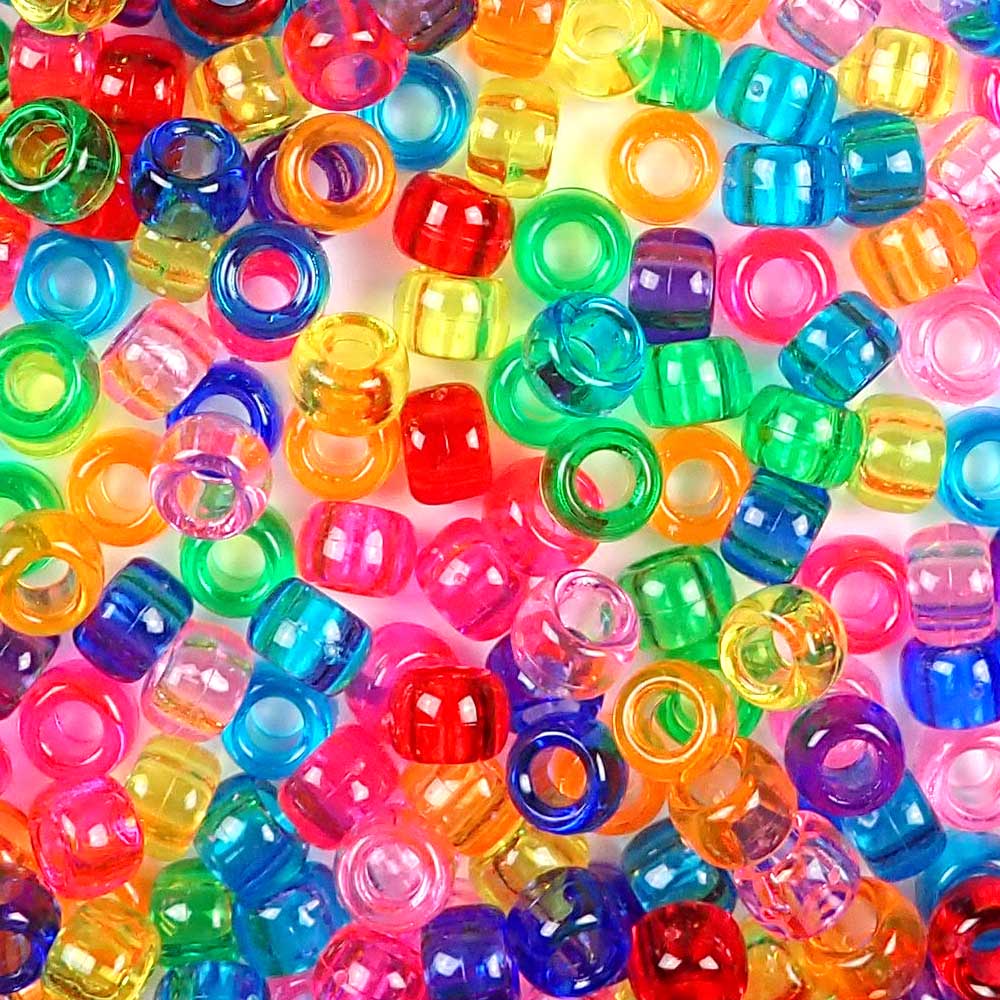 Rainbow Transparent Mix Plastic Pony Beads. Size 6 x 9 mm. Craft Beads. Bulk Pack.