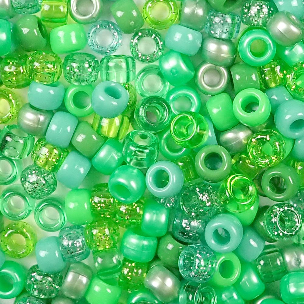 Green Apple Mix Plastic Pony Beads. Size 6 x 9 mm. Craft Beads. Made in the USA. Bulk Pack.