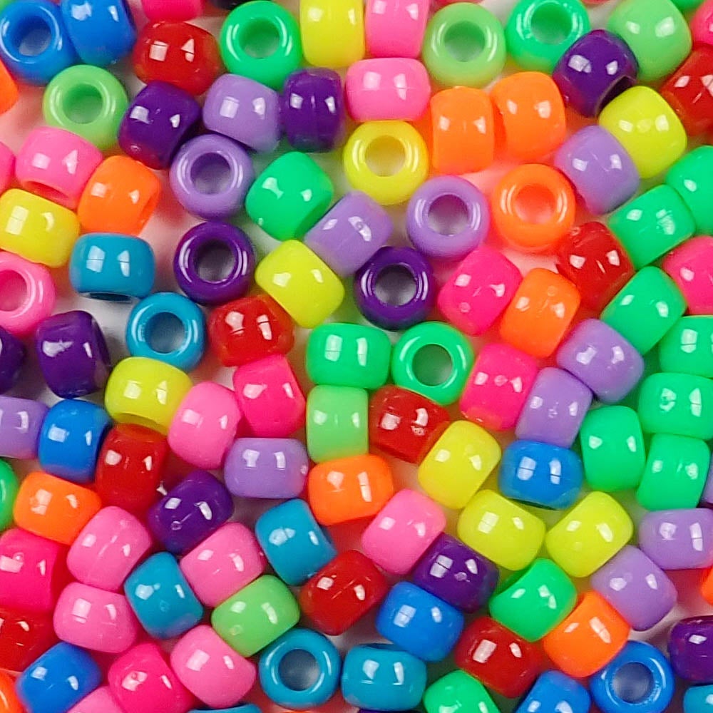 Bright Rainbow Opaque Plastic Pony Beads. Size 6 x 9 mm. Craft Beads. Bulk Pack.