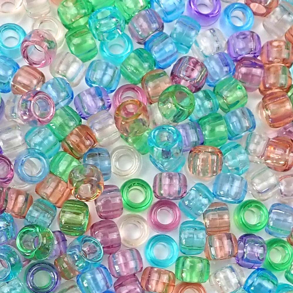 Pastel Transparent Mix Plastic Pony Beads. Size 6 x 9 mm. Craft Beads. Made in the USA. Bulk Pack.