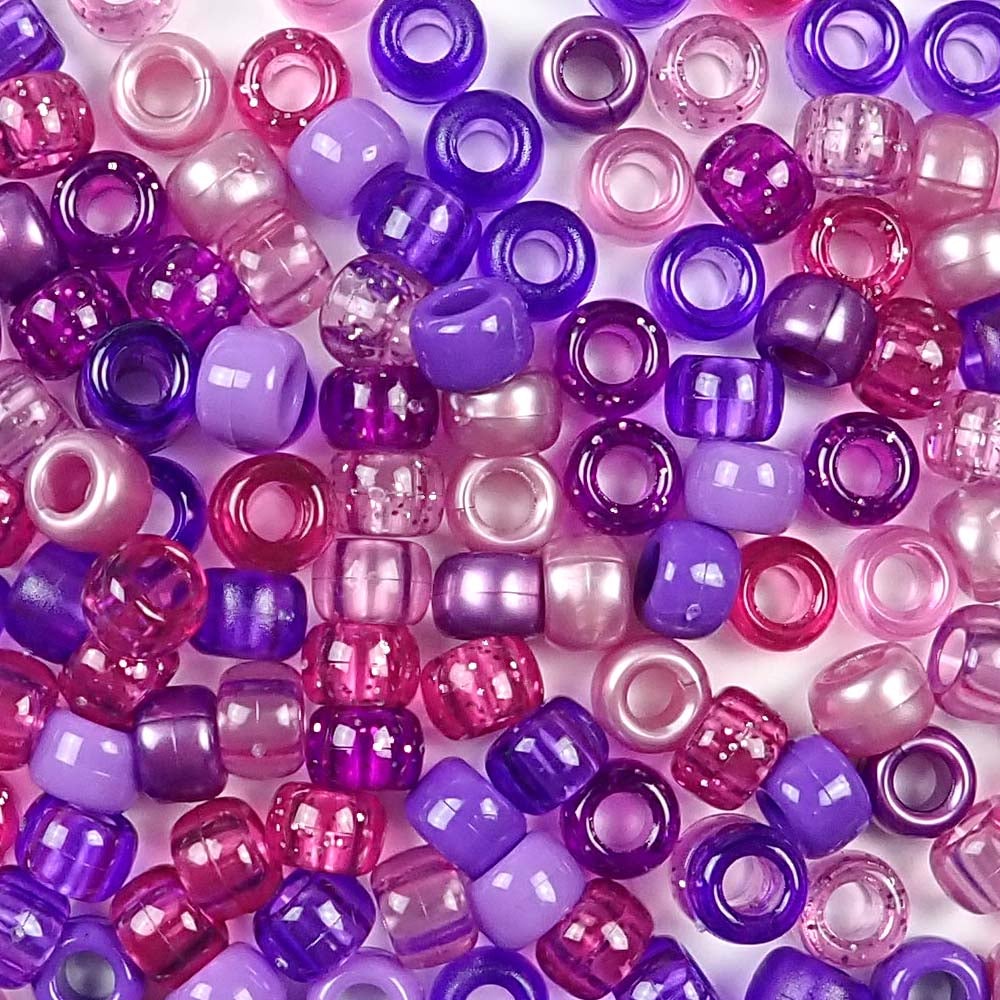 Violet Mix Plastic Pony Beads. Size 6 x 9 mm. Craft Beads. Made in the USA. Bulk Pack.