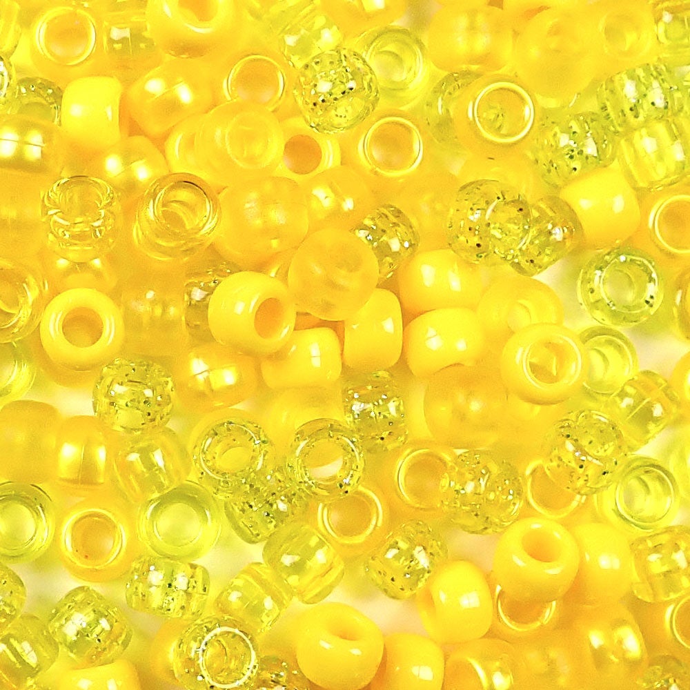 Yellow Mix Plastic Pony Beads. Size 6 x 9 mm. Craft Beads. Made in the USA. Bulk Pack.