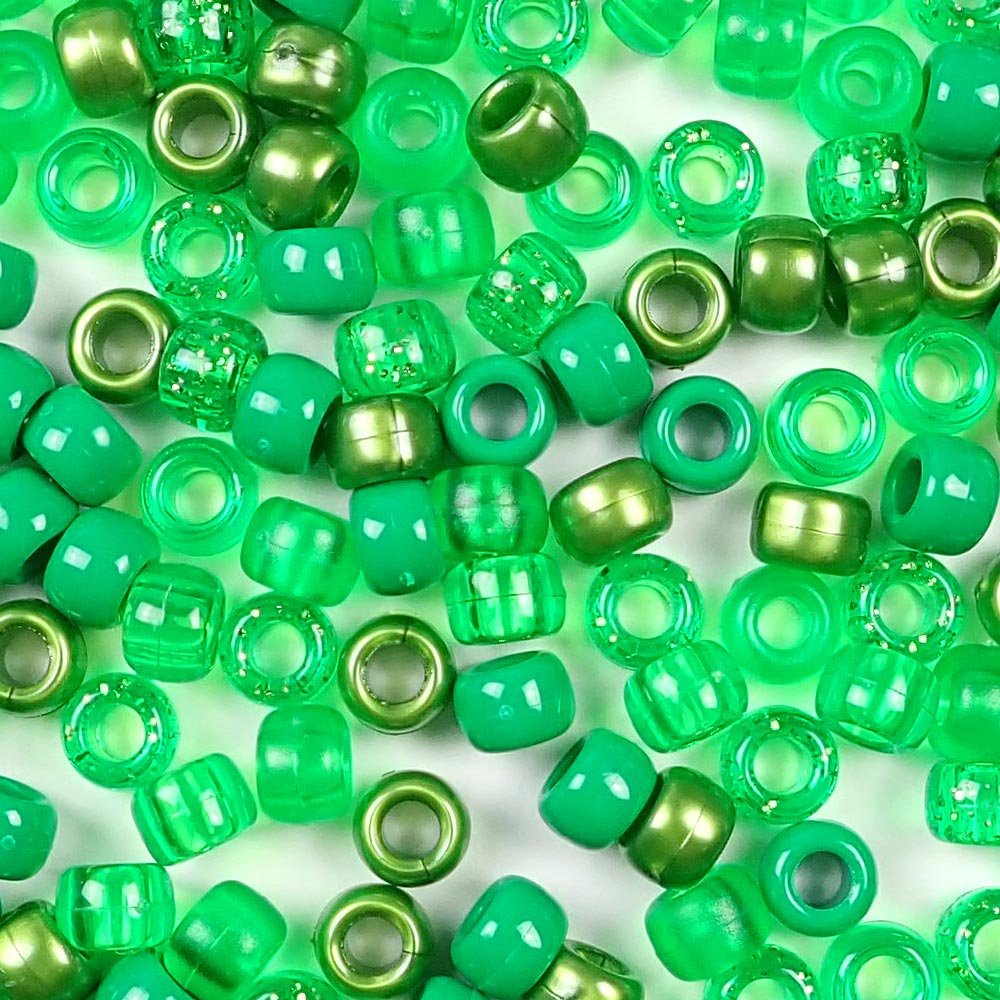 Green Mix Plastic Pony Beads. Size 6 x 9 mm. Craft Beads. Made in the USA. Bulk Pack.