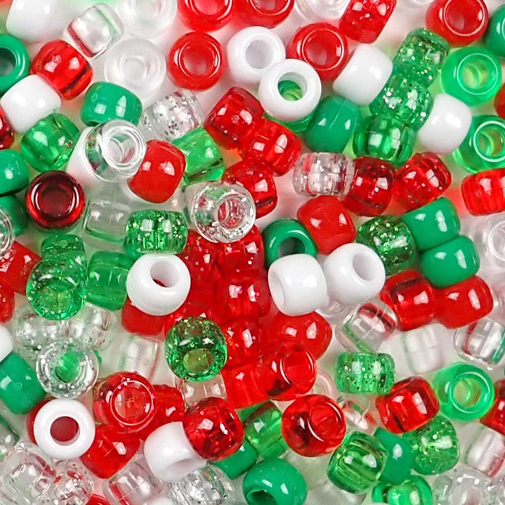 Christmas Mix Plastic Pony Beads. Size 6 x 9 mm. Craft Beads. Made in the USA. Bulk Pack.