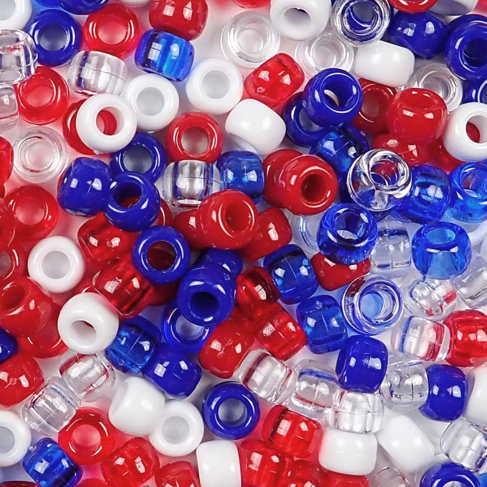 Patriotic Mix Plastic Pony Beads. Size 6 x 9 mm. Craft Beads. Made in the USA. Bulk Pack.