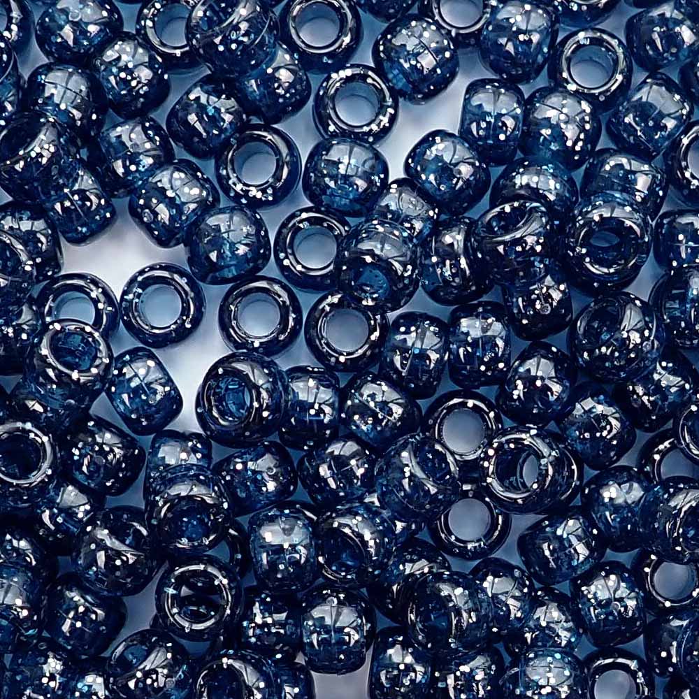 Montana Blue Glitter Plastic Pony Beads. Size 6 x 9 mm. Craft Beads. Bulk Pack.