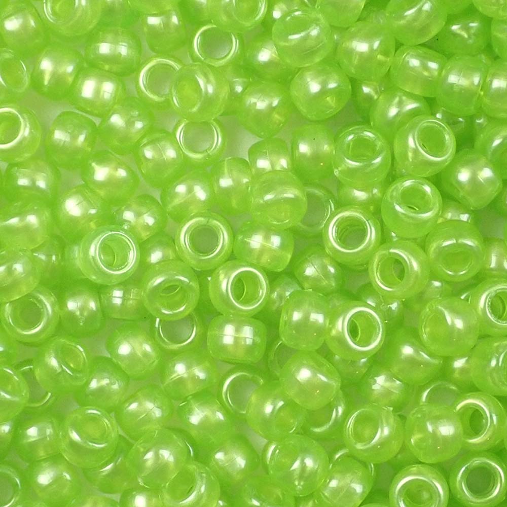 Lime Green Pearl Plastic Pony Beads. Size 6 x 9 mm. Craft Beads. Bulk Pack.