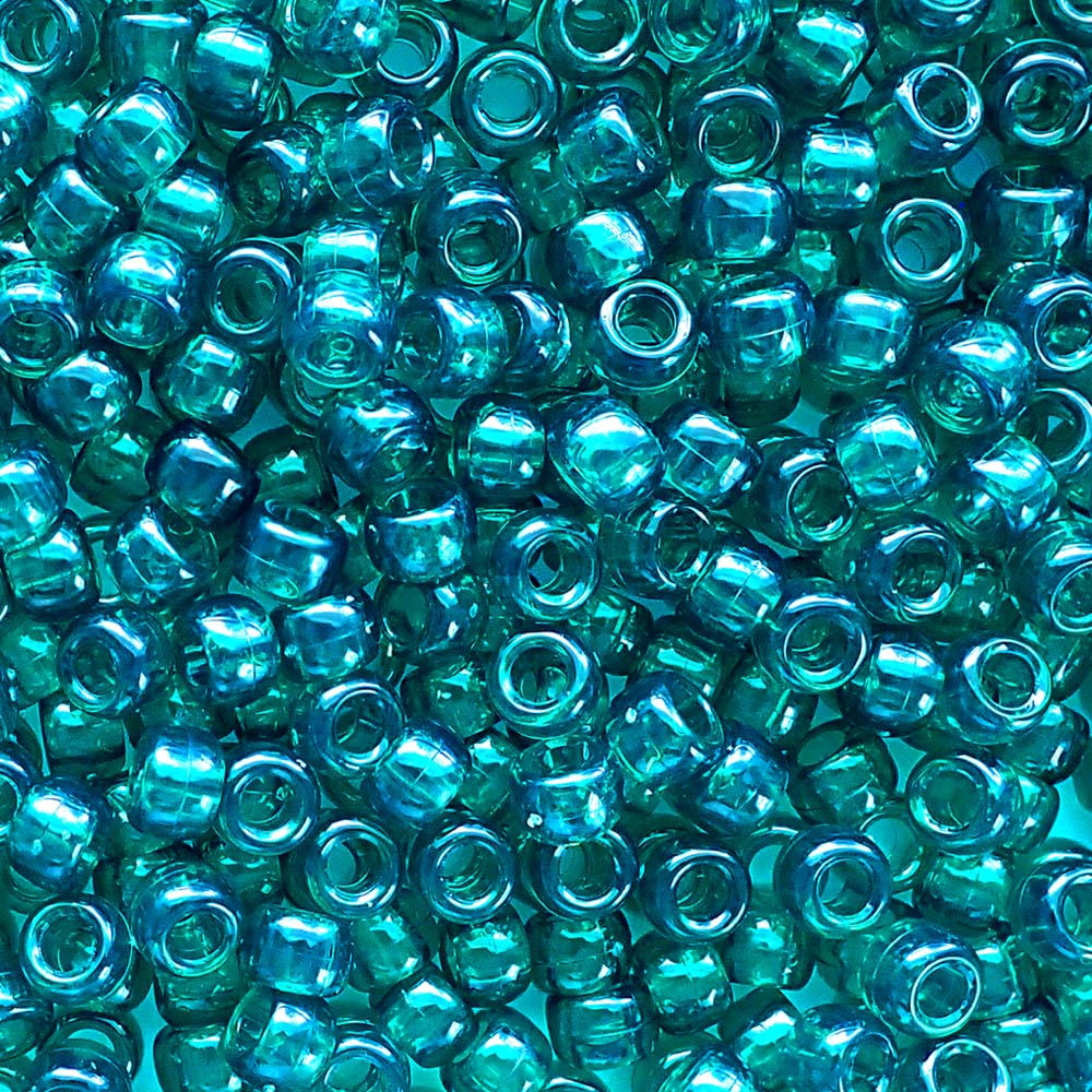 Teal Green Transparent Plastic Pony Beads. Size 6 x 9 mm. Craft Beads. Bulk Pack.